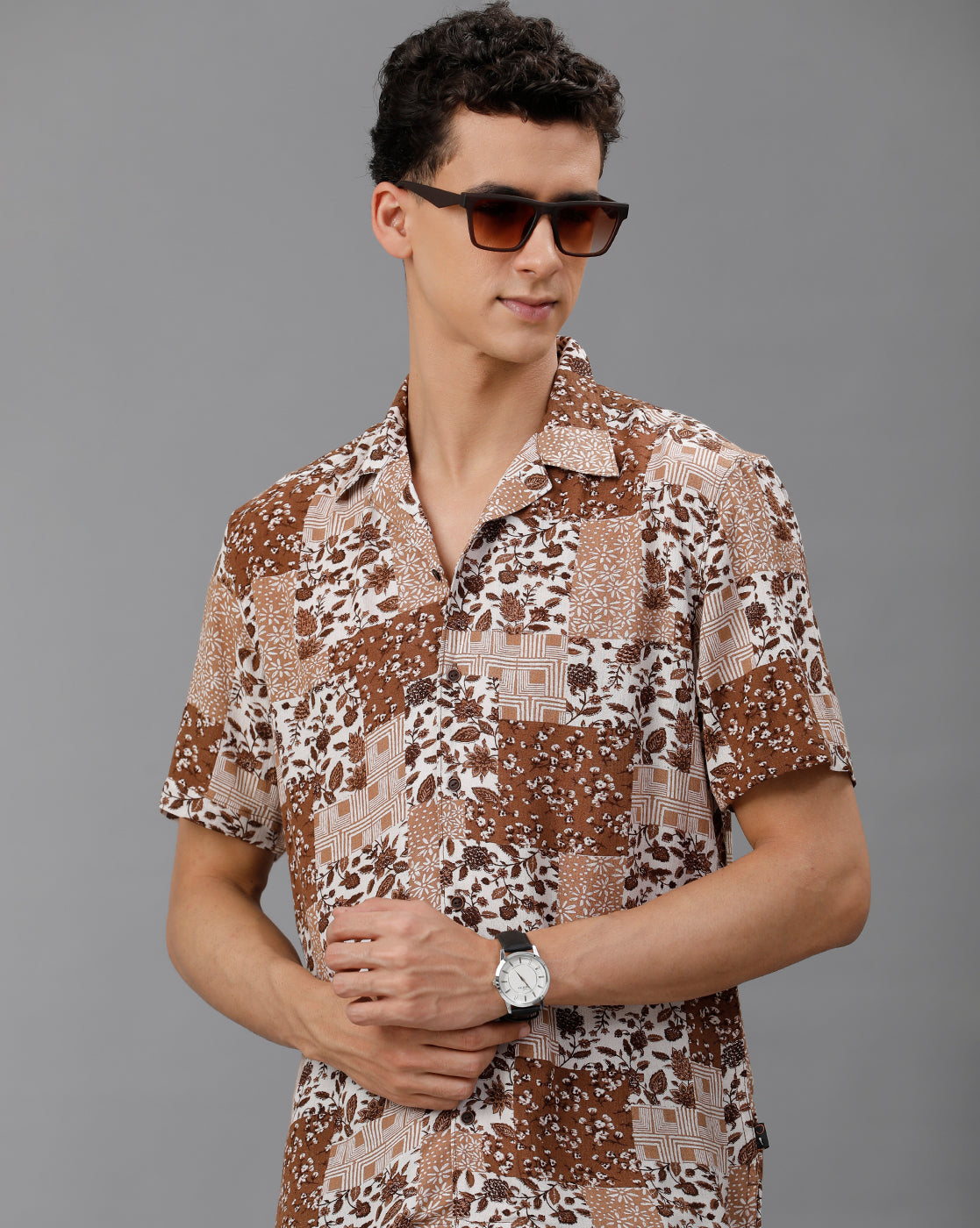 IDENTITI Men Slim Fit Cuban Collar Printed Designed Shirt In Brown Colored Shirt Stylish.