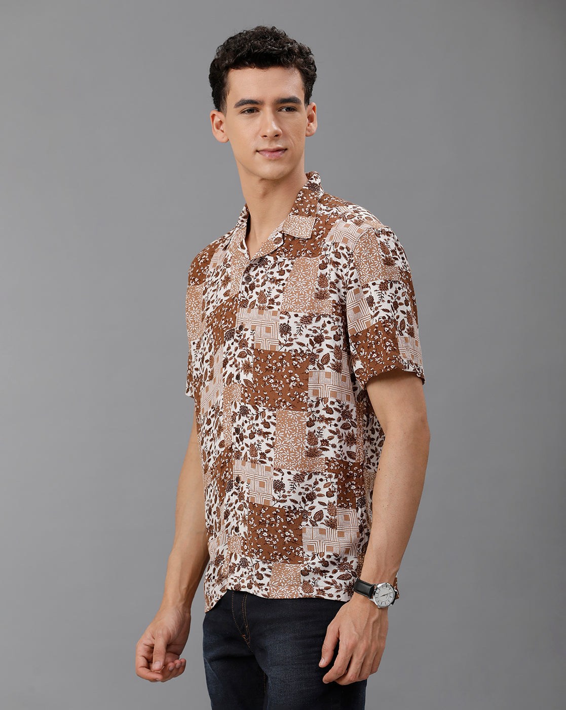 IDENTITI Men Slim Fit Cuban Collar Printed Designed Shirt In Brown Colored Shirt Stylish.