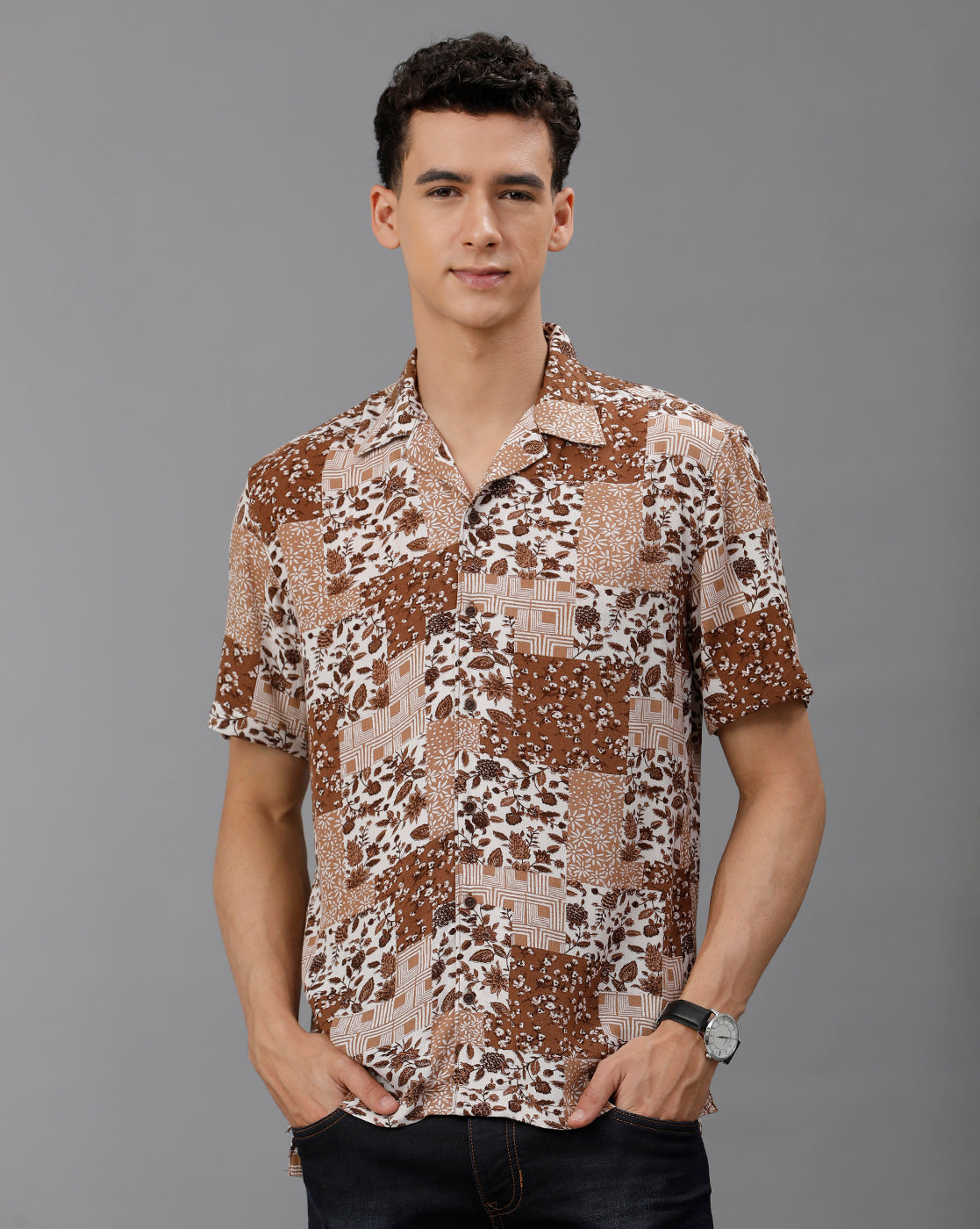 IDENTITI Men Slim Fit Cuban Collar Printed Designed Shirt In Brown Colored Shirt Stylish.