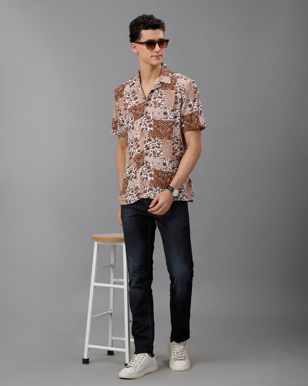 IDENTITI Men Slim Fit Cuban Collar Printed Designed Shirt In Brown Colored Shirt Stylish.