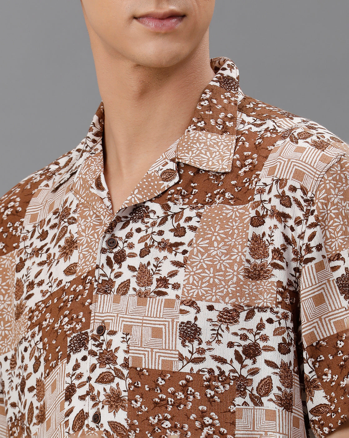 IDENTITI Men Slim Fit Cuban Collar Printed Designed Shirt In Brown Colored Shirt Stylish.
