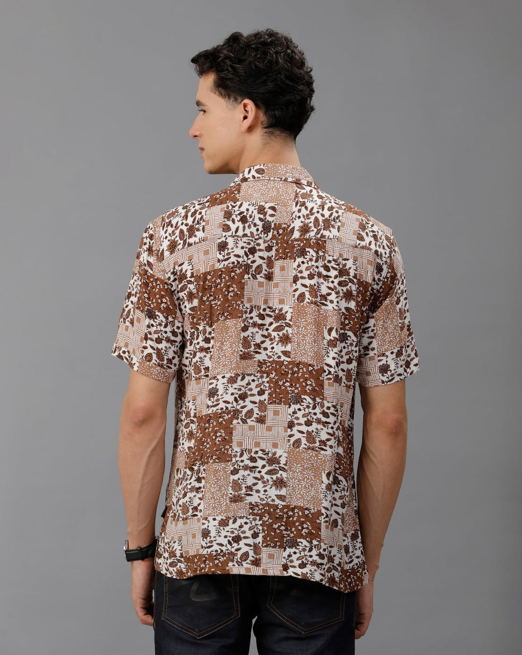 IDENTITI Men Slim Fit Cuban Collar Printed Designed Shirt In Brown Colored Shirt Stylish.