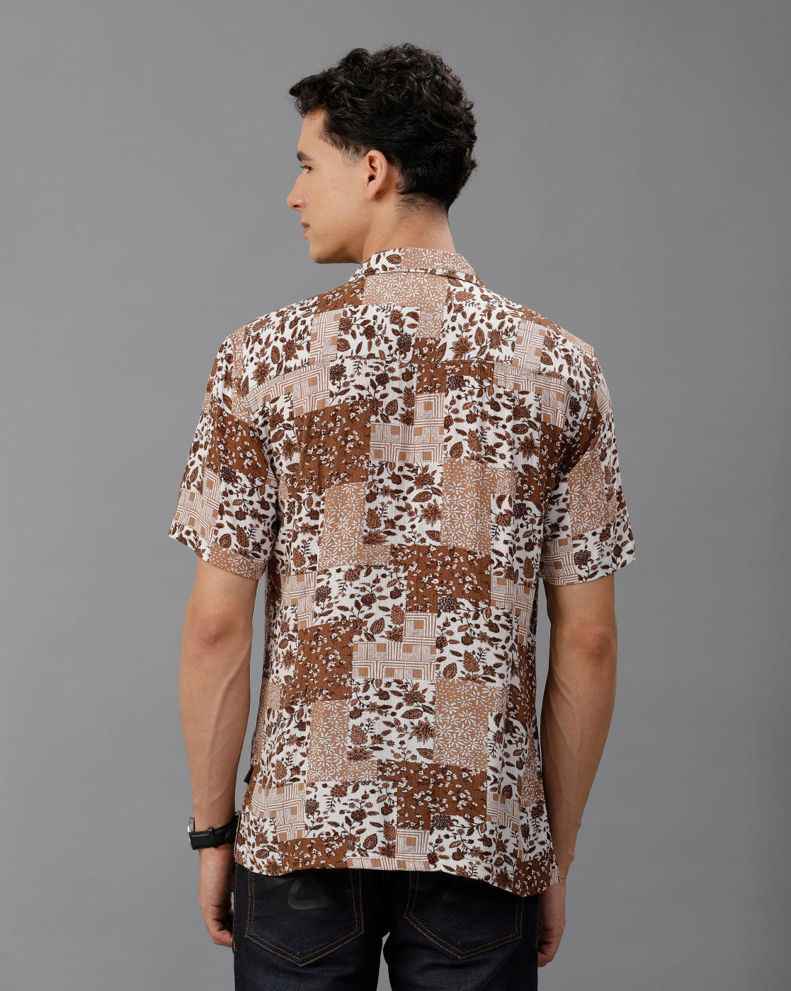 IDENTITI Men Slim Fit Cuban Collar Printed Designed Shirt In Brown Colored Shirt Stylish.