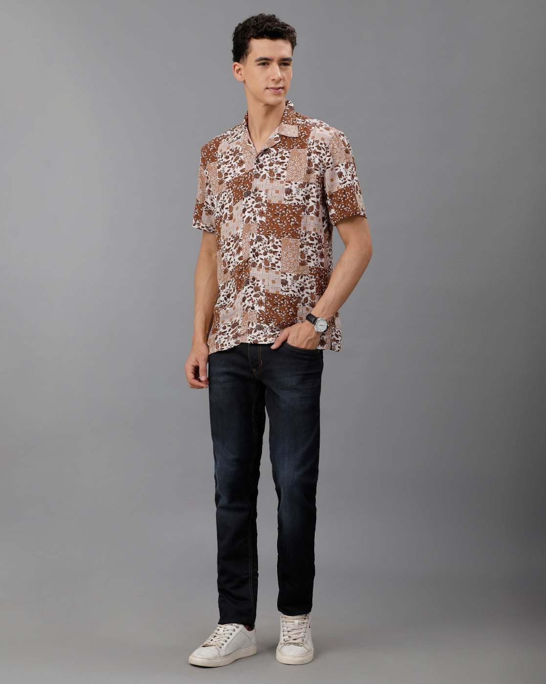 IDENTITI Men Slim Fit Cuban Collar Printed Designed Shirt In Brown Colored Shirt Stylish.