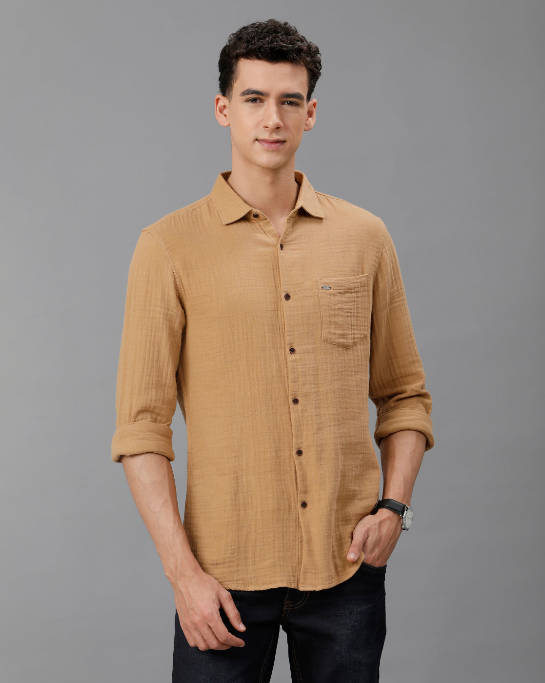 IDENTITI Men Slim Fit Regular Collar Solid Shirt In Khaki.