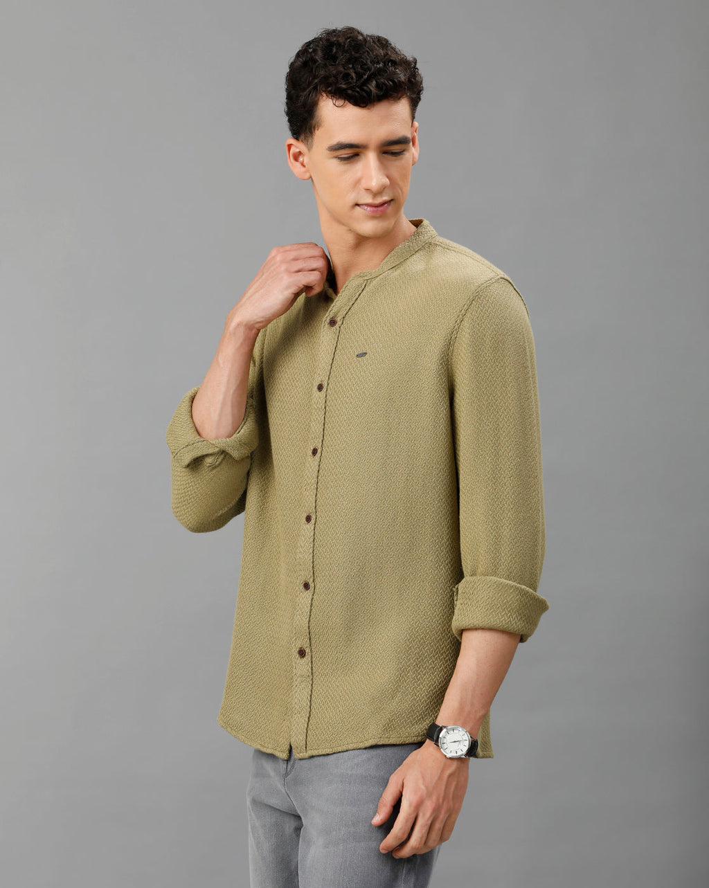 IDENTITI Men Slim Fit Mandarin Collar Solid Plain Shirt In Light Green.