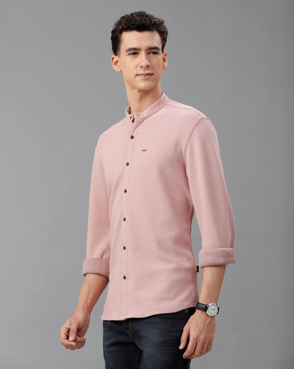 IDENTITI Men Slim Fit Mandarin Collar Solid Knit Shirt In Onion