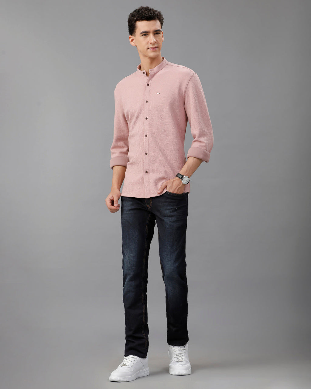 IDENTITI Men Slim Fit Mandarin Collar Solid Knit Shirt In Onion