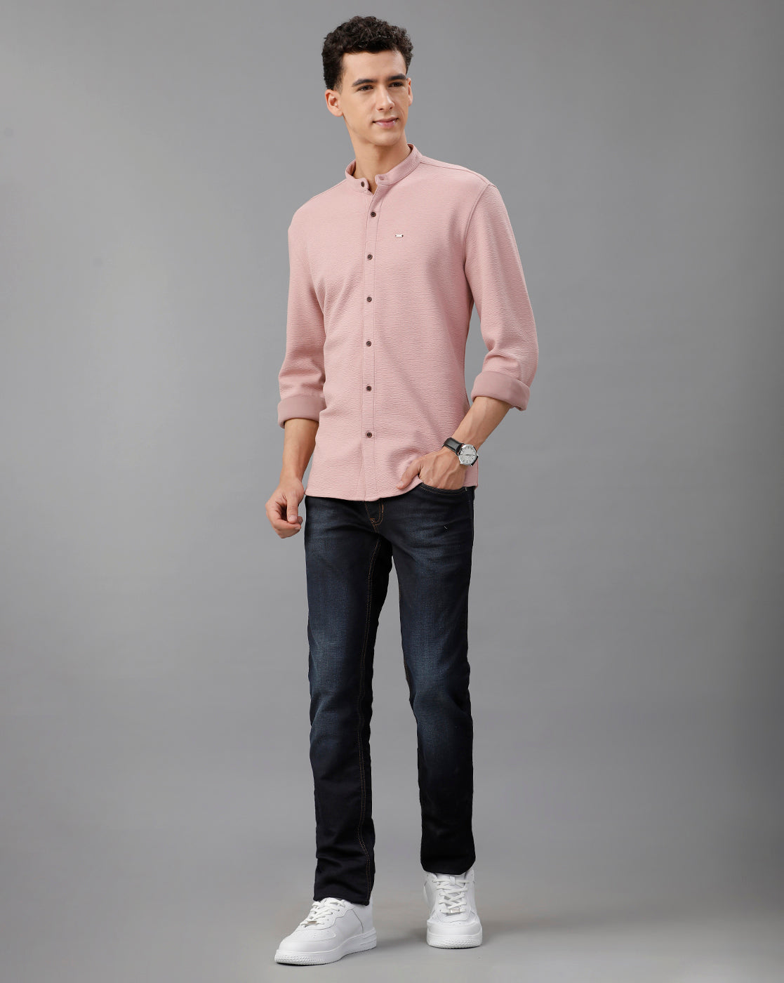 IDENTITI Men Slim Fit Mandarin Collar Solid Knit Shirt In Onion