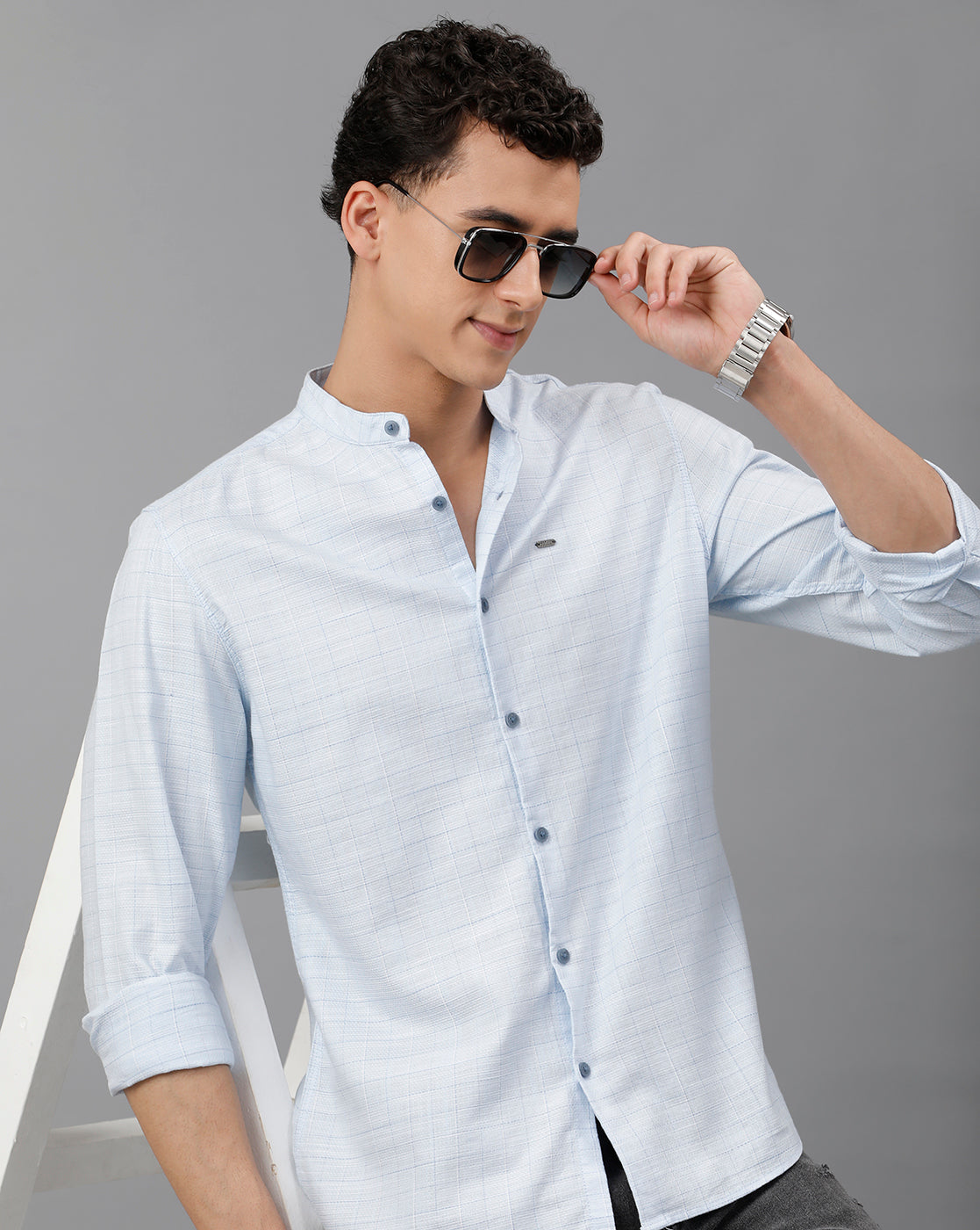 IDENTITI Men Slim Fit Mandarin Collar Checked Shirt In silver