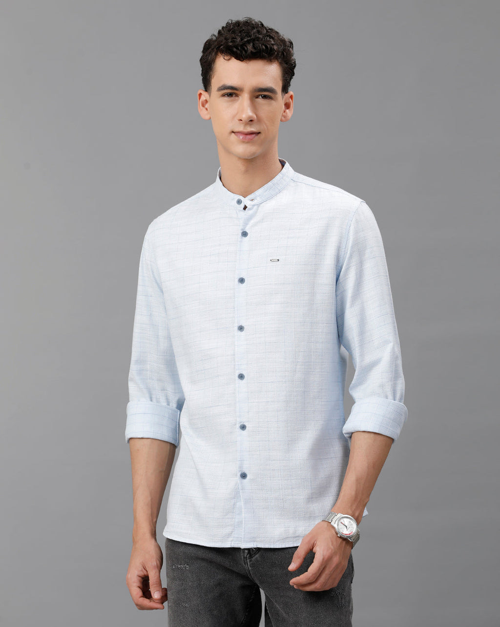 IDENTITI Men Slim Fit Mandarin Collar Checked Shirt In silver