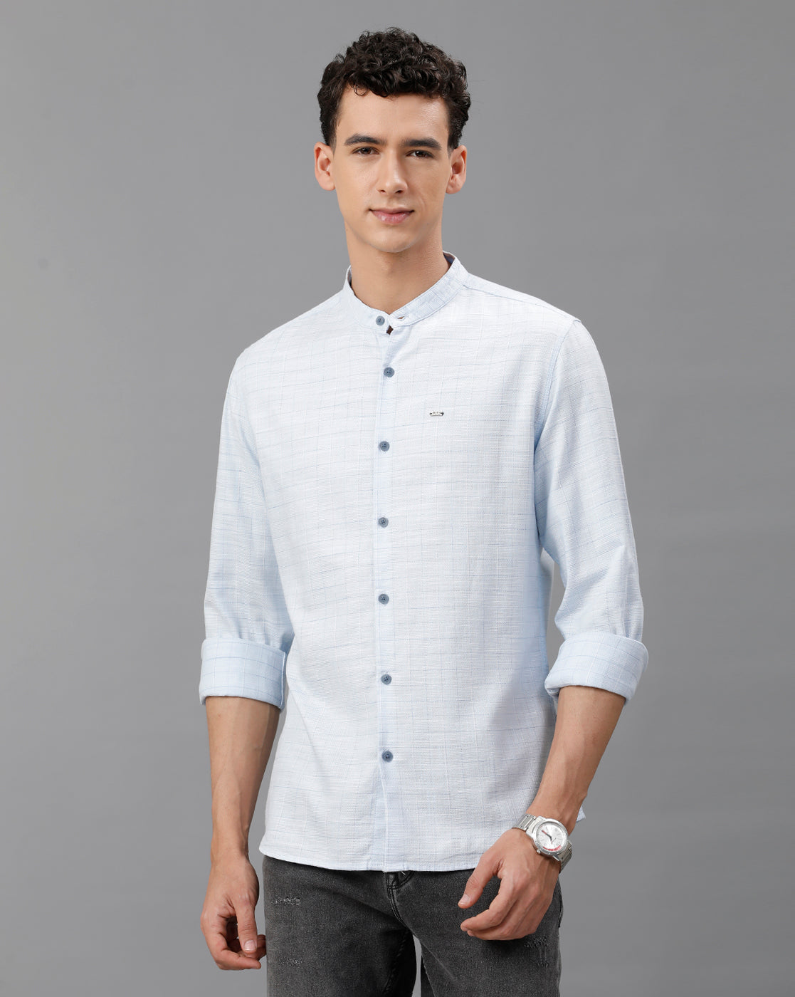 IDENTITI Men Slim Fit Mandarin Collar Checked Shirt In silver