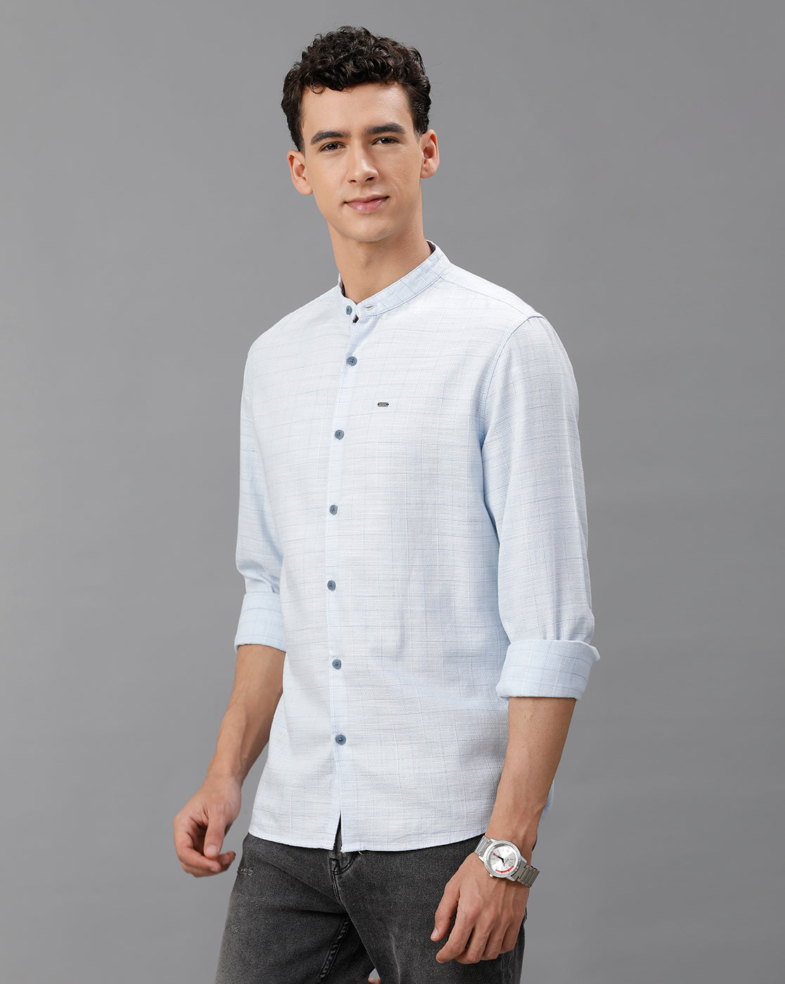 IDENTITI Men Slim Fit Mandarin Collar Checked Shirt In silver