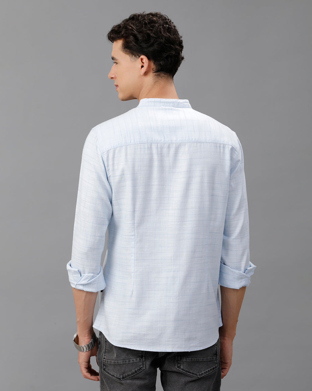 IDENTITI Men Slim Fit Mandarin Collar Checked Shirt In silver