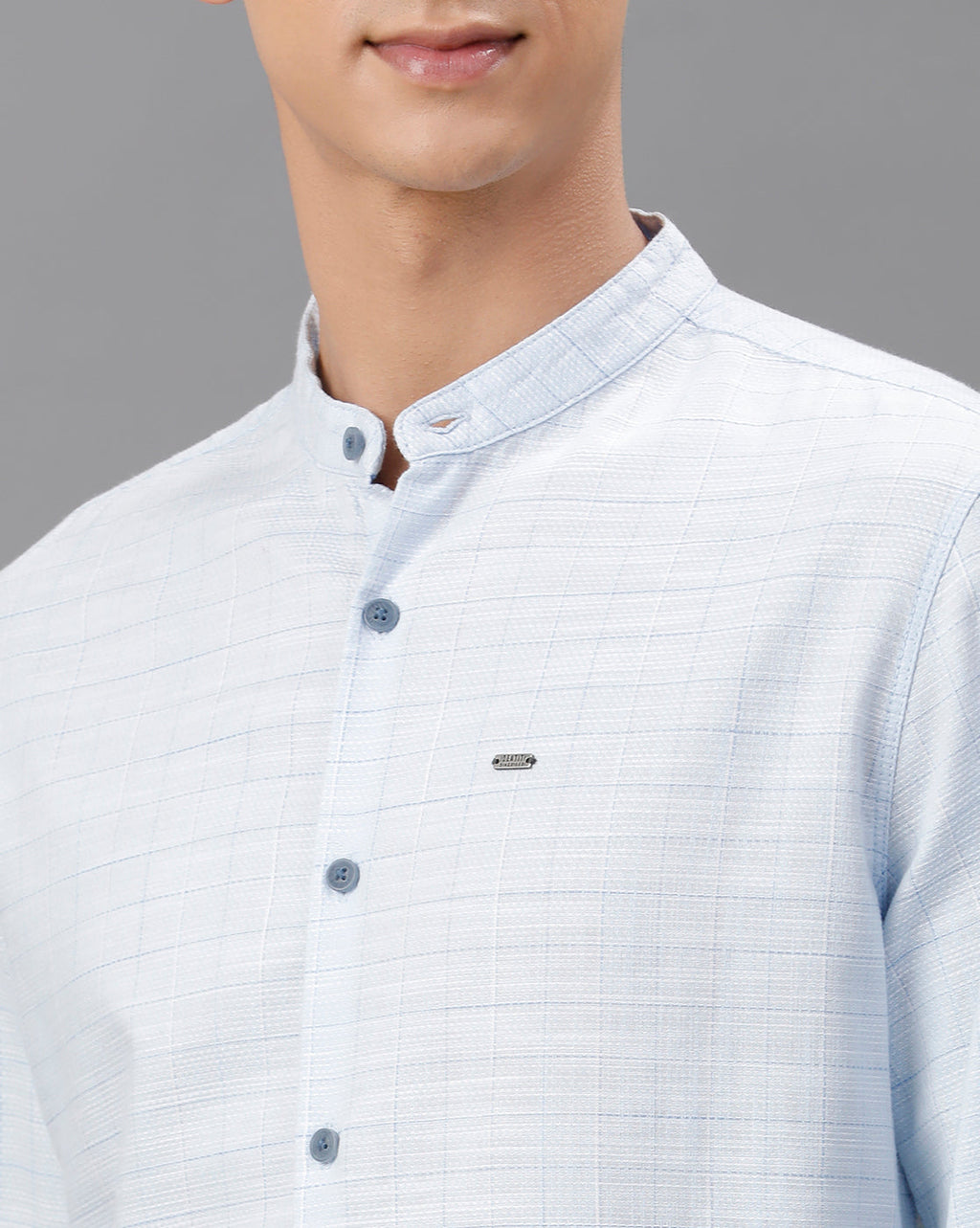 IDENTITI Men Slim Fit Mandarin Collar Checked Shirt In silver