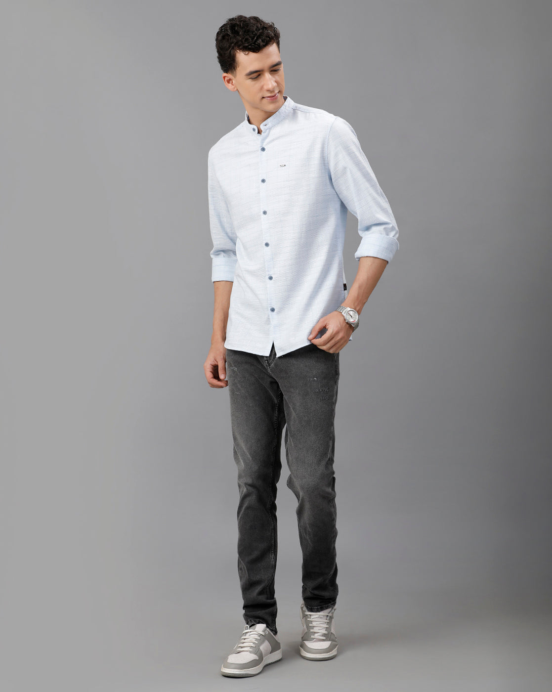 IDENTITI Men Slim Fit Mandarin Collar Checked Shirt In silver