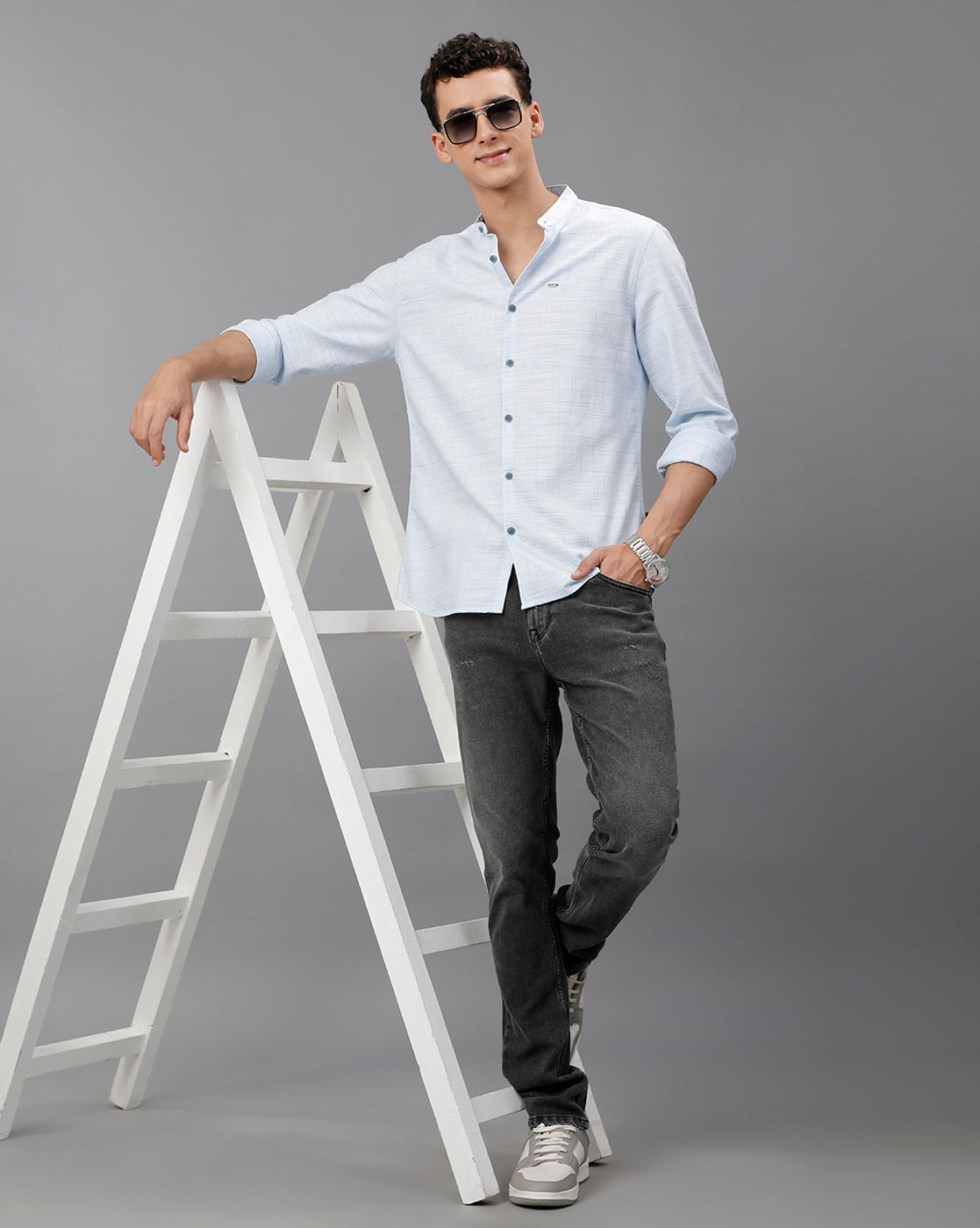 IDENTITI Men Slim Fit Mandarin Collar Checked Shirt In silver