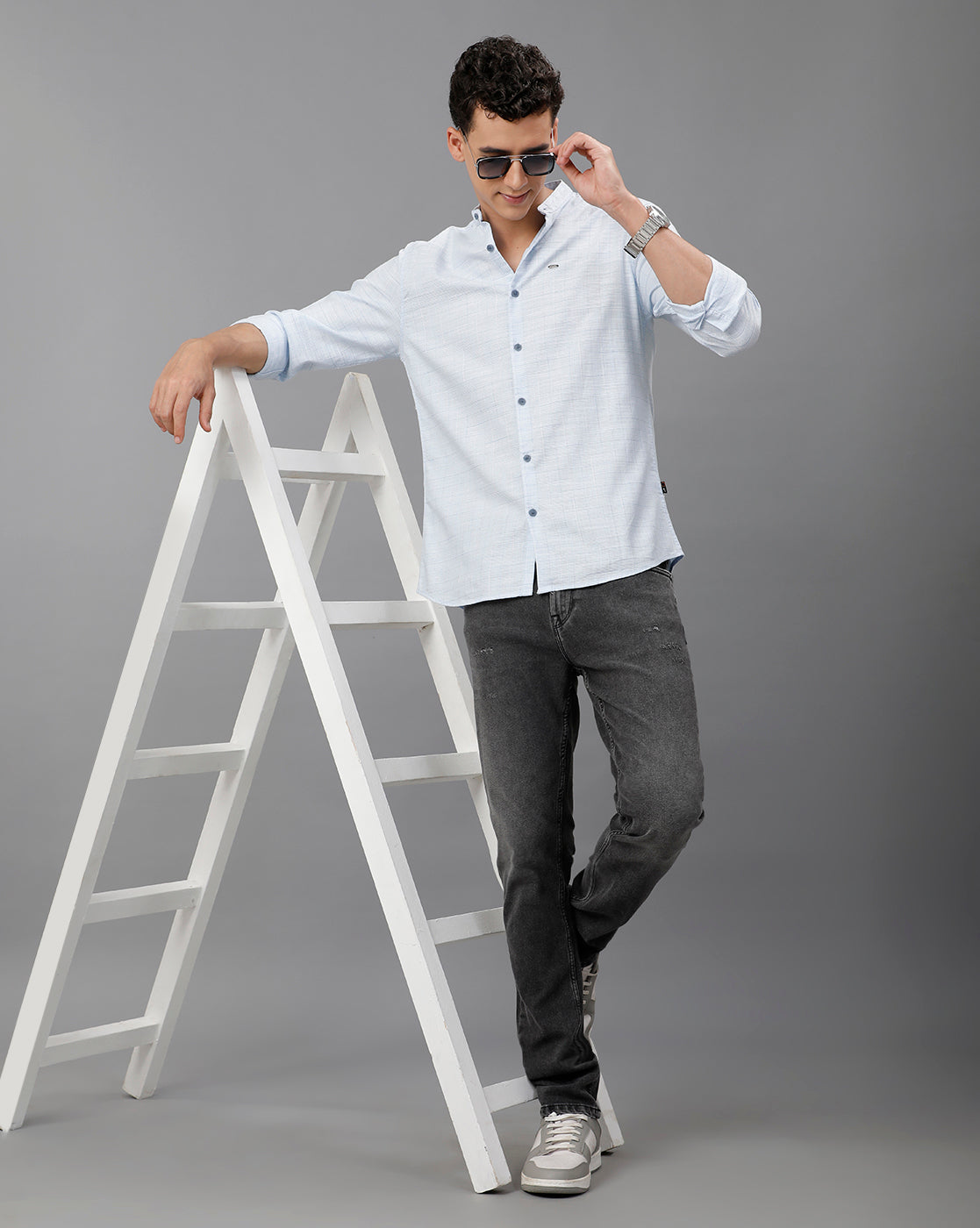 IDENTITI Men Slim Fit Mandarin Collar Checked Shirt In silver