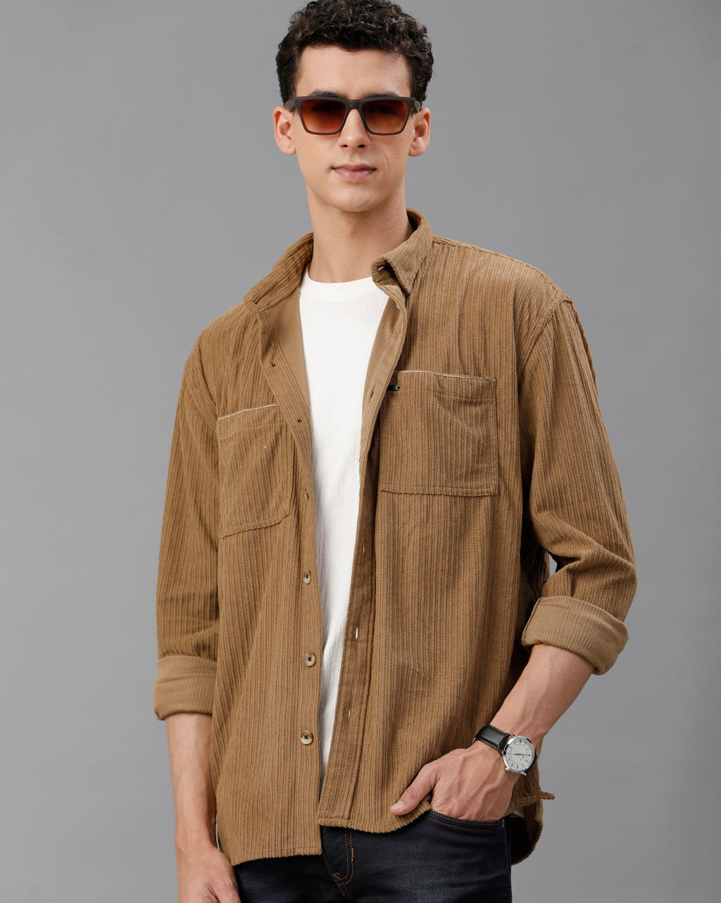 IDENTITI Men Oversized Fit Regular Collar Corduroy Shirt In Khaki