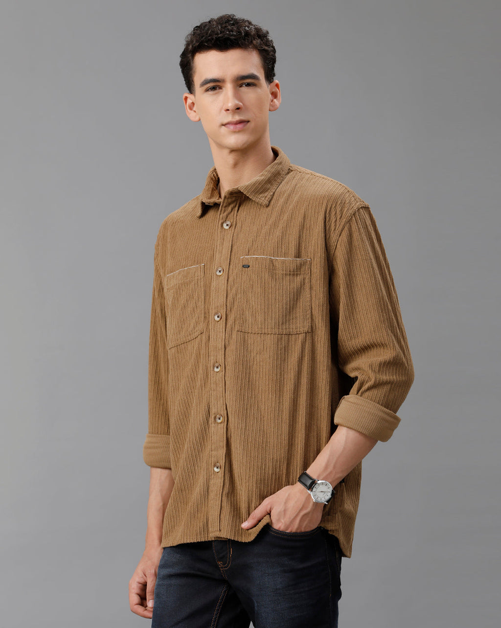 IDENTITI Men Oversized Fit Regular Collar Corduroy Shirt In Khaki