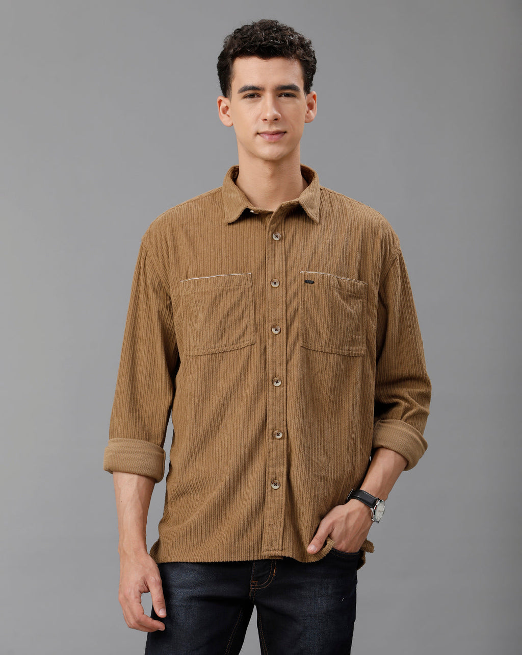 IDENTITI Men Oversized Fit Regular Collar Corduroy Shirt In Khaki