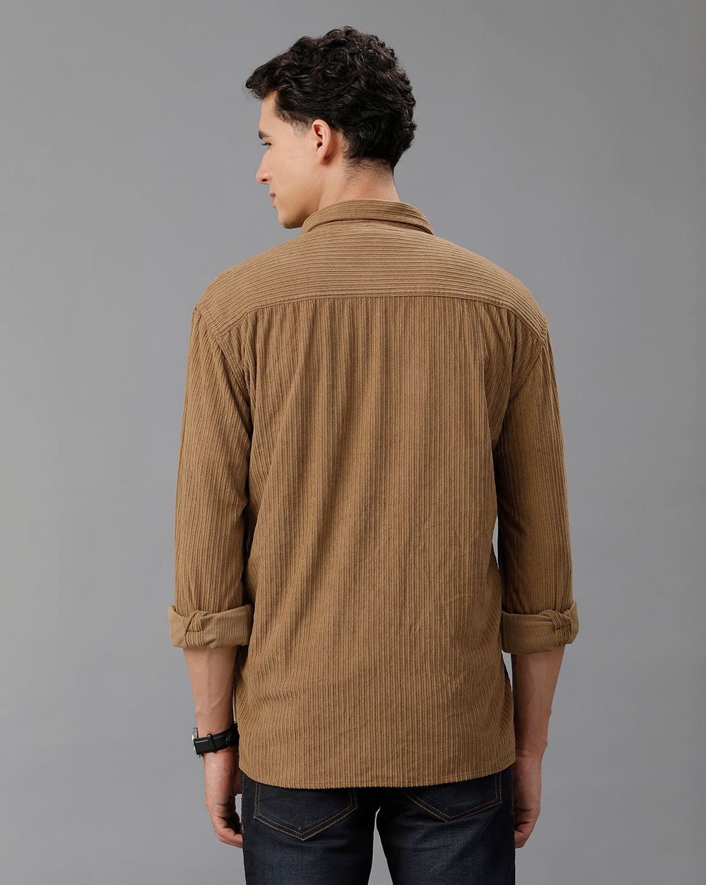 IDENTITI Men Oversized Fit Regular Collar Corduroy Shirt In Khaki