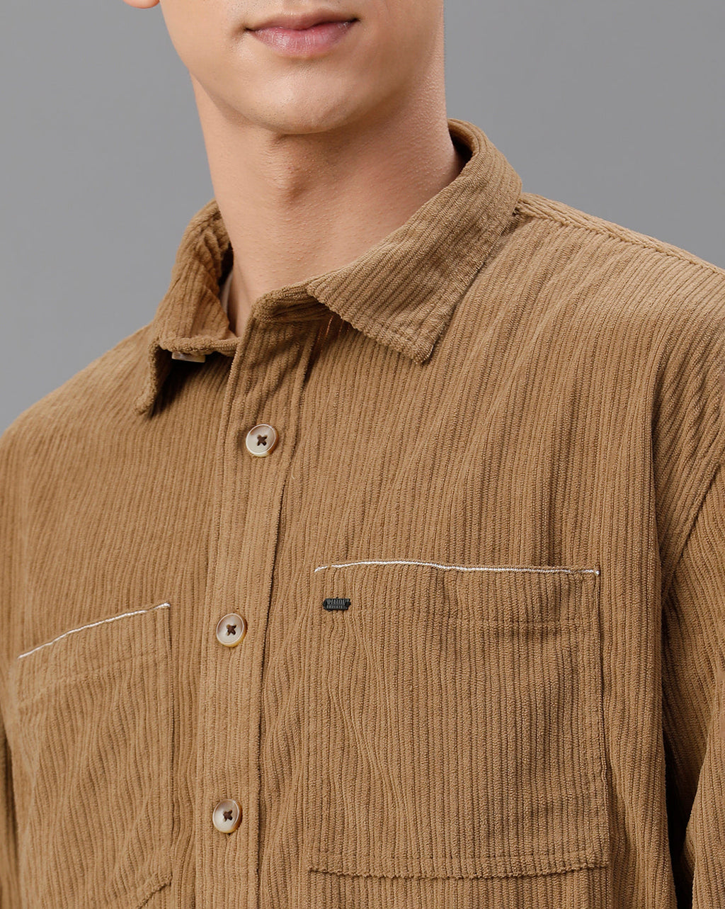 IDENTITI Men Oversized Fit Regular Collar Corduroy Shirt In Khaki