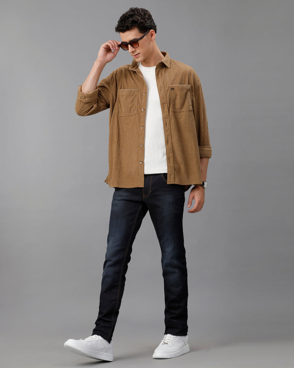 IDENTITI Men Oversized Fit Regular Collar Corduroy Shirt In Khaki