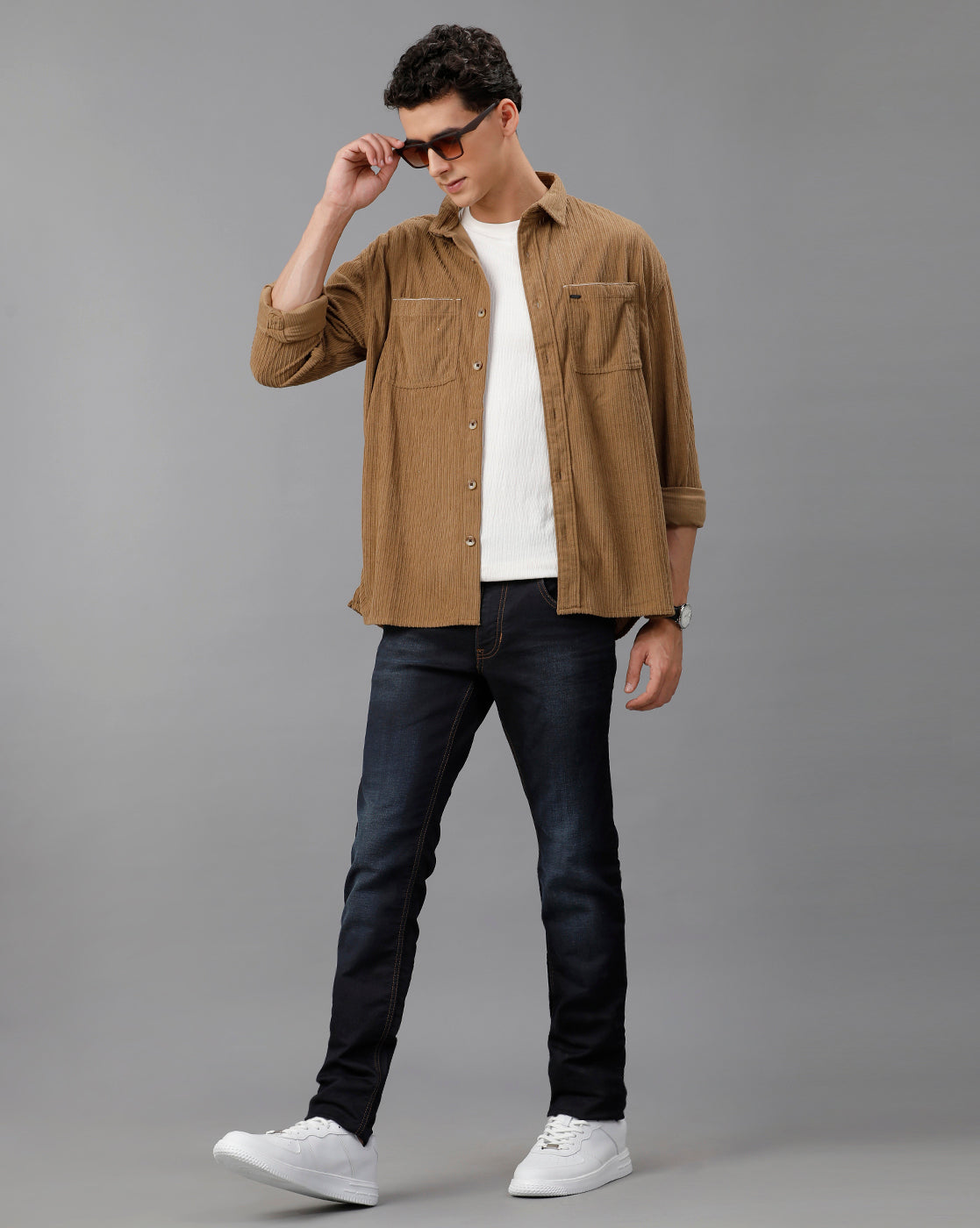 IDENTITI Men Oversized Fit Regular Collar Corduroy Shirt In Khaki