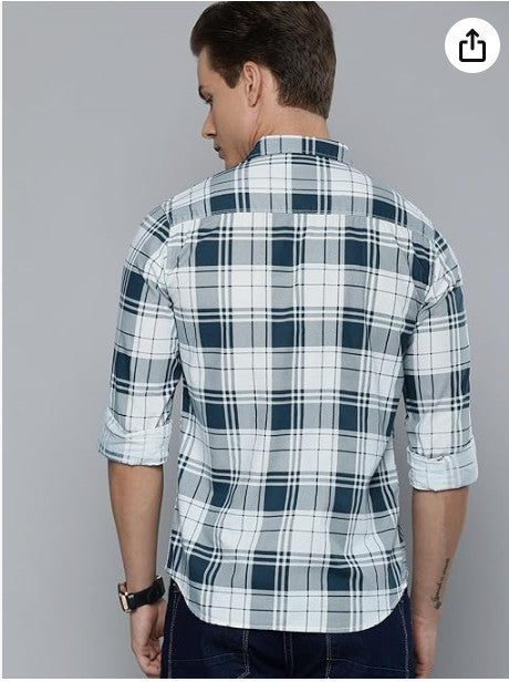 The Indian Garage Co Men's Cotton Slim Fit Checkered Full Sleeves Cutaway Collar Casual Shirt