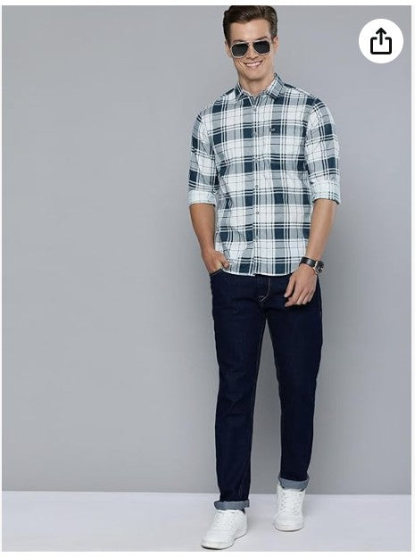 The Indian Garage Co Men's Cotton Slim Fit Checkered Full Sleeves Cutaway Collar Casual Shirt