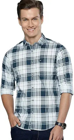 The Indian Garage Co Men's Cotton Slim Fit Checkered Full Sleeves Cutaway Collar Casual Shirt